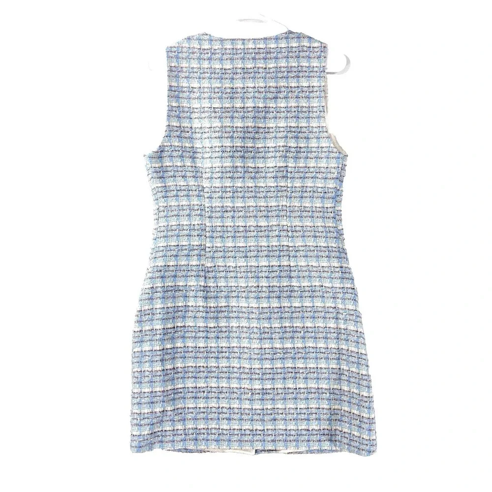 Wool Tweed Pearl Button Mini Dress Mod Woven Baby Blue Retro Womens M NWT $140